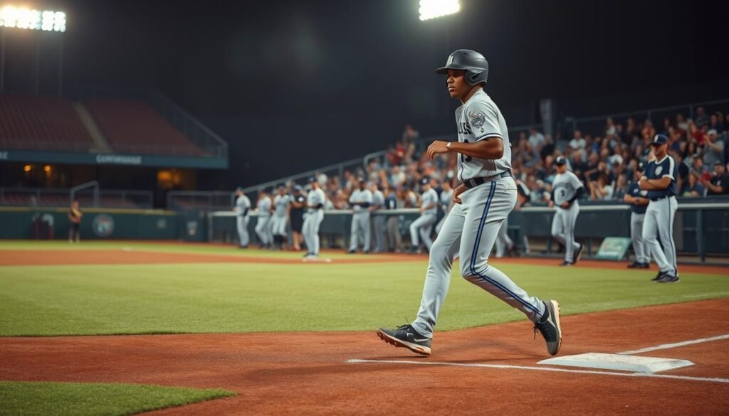 A baseball diamond under the intense scrutiny of coaches, with Isiah Kiner-Falefa in the foreground, mid-stride, his face taut with concentration as he navigates the basepaths. In the middle ground, the opposing team's dugout, their expressions grim, analyzing every move. In the background, the stadium lights cast a warm, dramatic glow, heightening the sense of high-stakes pressure. The scene captures the essence of "Coaching directives and baserunning fundamentals under scrutiny" - a pivotal moment in the game, where the slightest misstep could spell the difference between triumph and defeat.