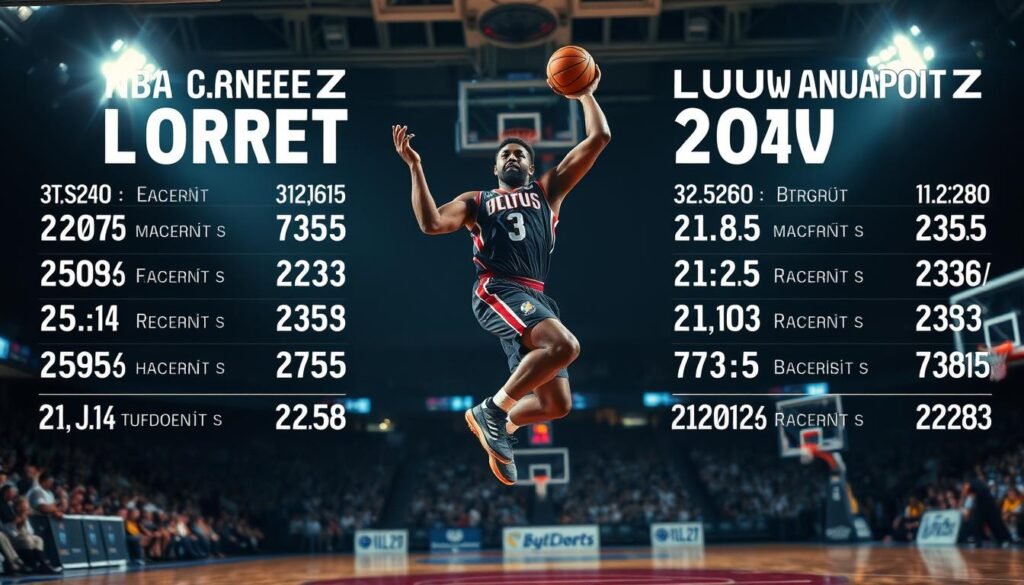 A basketball court at night, spotlights illuminating the central figure of Luguentz Dort, the NBA champion, as he leaps gracefully, the ball in his hands. Detailed statistics hover around him, highlighting his impressive career stats and on-court impact. The background is blurred, focusing the viewer's attention on Dort's dynamic performance, his face determined, muscles taut with effort. The lighting is dramatic, casting sharp shadows and highlighting the player's athleticism and skill. The overall mood is one of excitement and celebration, capturing the essence of Dort's achievements and his significance in the world of professional basketball.