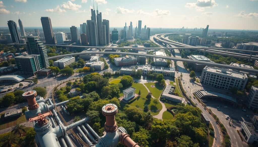 A bird's-eye view of a modern city, its streets and buildings dappled with sunlight. In the foreground, a network of water pipes and valves, efficiently managing the flow of water across residential, commercial, and public spaces. Lush, verdant parks and gardens dot the landscape, their irrigation systems seamlessly integrated. In the background, gleaming skyscrapers and bustling transportation hubs, all powered by sustainable water management practices. The scene conveys a sense of harmony between urban development and responsible water stewardship, reflecting a future where cities prioritize conservation and innovation to ensure a plentiful, clean water supply for all.