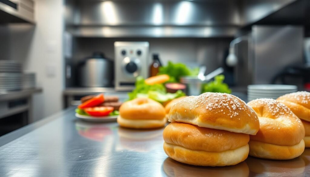 A bright, well-lit kitchen interior. In the foreground, a spotlessly clean stainless steel countertop showcases freshly baked, golden-brown donut buns. Their fluffy, pillowy texture is evident, with a light dusting of powdered sugar adding a delicate sweetness. Carefully arranged in the middle ground, various burger ingredients - crisp lettuce, juicy tomatoes, and savory patties - await assembly. The background reveals gleaming kitchen appliances and utensils, reflecting the meticulous attention to detail in this artisanal burger preparation. The overall scene exudes a sense of craftsmanship, quality, and culinary excellence.