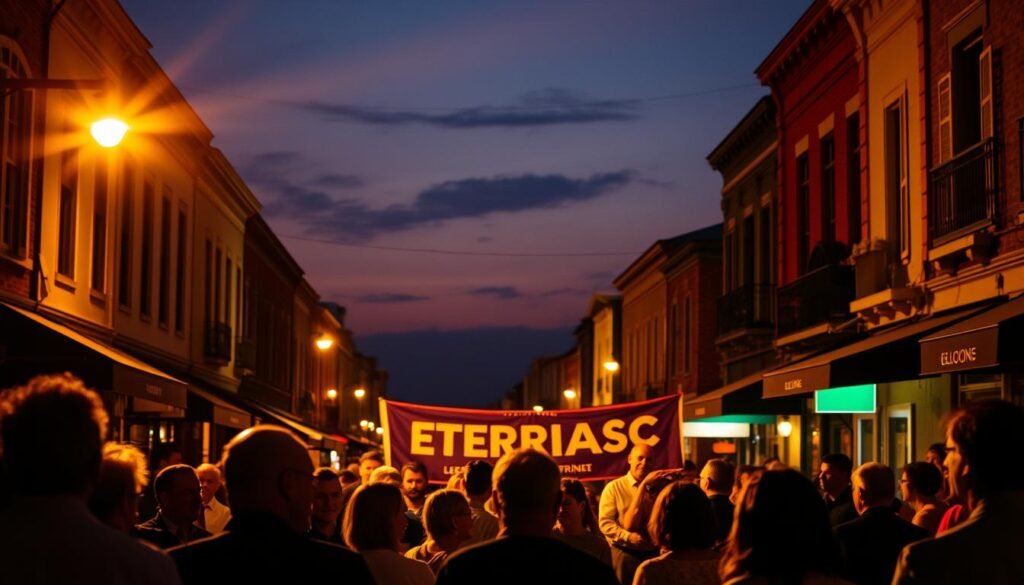 A bustling Terrebonne street at twilight, bathed in the warm glow of a spotlight's beam. In the foreground, a cluster of people engaged in lively political discourse, their faces illuminated by the dramatic lighting. In the middle ground, a campaign banner flutters in the gentle breeze, its colors vibrant against the fading daylight. The background is a tapestry of historic buildings, their facades casting long shadows across the scene. The atmosphere is one of civic engagement and the anticipation of a pivotal election, captured with a cinematic, documentary-style aesthetic. A bustling Terrebonne street at twilight, bathed in the warm glow of a spotlight's beam. In the foreground, a cluster of people engaged in lively political discourse, their faces illuminated by the dramatic lighting. In the middle ground, a campaign banner flutters in the gentle breeze, its colors vibrant against the fading daylight. The background is a tapestry of historic buildings, their facades casting long shadows across the scene. The atmosphere is one of civic engagement and the anticipation of a pivotal election, captured with a cinematic, documentary-style aesthetic.