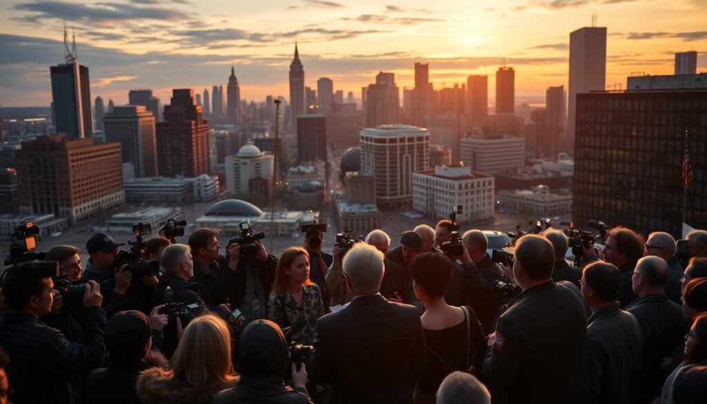 A bustling city skyline of Montréal at dusk, with the iconic architectural landmarks of the city visible in the background. In the foreground, a group of reporters and photographers surround a podium, their cameras and microphones trained on a figure delivering a statement. The scene is bathed in a warm, golden light, creating a sense of drama and intensity. The atmosphere is one of heightened public scrutiny and media attention, capturing the essence of the "Media Scrutiny and Public Reporting in Montréal" theme.