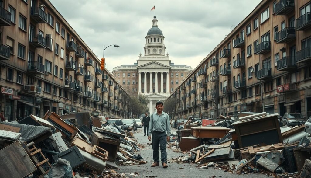 A bustling city street, lined with rows of aging apartment buildings, casts a somber mood under the overcast sky. In the foreground, a tenant stands amidst piles of discarded furniture and debris, a symbolic representation of the neglect and substandard living conditions they face. The middle ground reveals landlords inspecting the property, their expressions stern and unyielding. In the background, a looming city hall casts an imposing shadow, signifying the new regulatory measures being implemented to protect tenants' rights. The scene is illuminated by a low-angle lighting that creates a sense of weight and gravity, emphasizing the gravity of the situation. The overall composition conveys a sense of tension and the urgent need for change in the city's approach to housing.