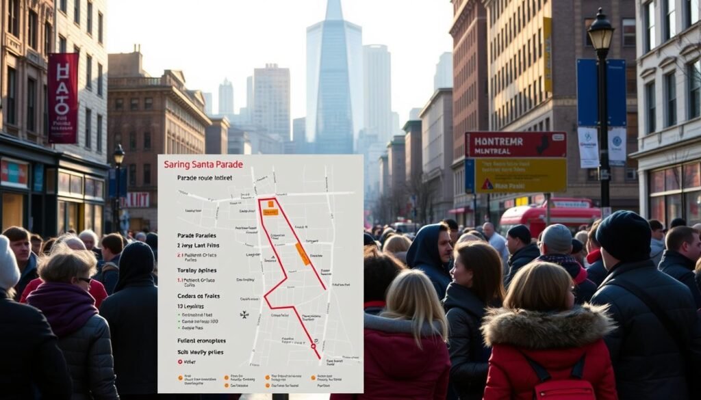 A bustling city street on a crisp winter morning, with the iconic Montréal skyline in the background. In the foreground, a group of people gathered, bundled up in warm coats and scarves, excitedly discussing their plans for the day. In the middle ground, a detailed map showing the parade route, arrival times, and nearby transit options, highlighted with clear wayfinding signage. The lighting is soft and diffused, creating a cozy, festive atmosphere as the anticipation builds for the Santa Parade's grand arrival.