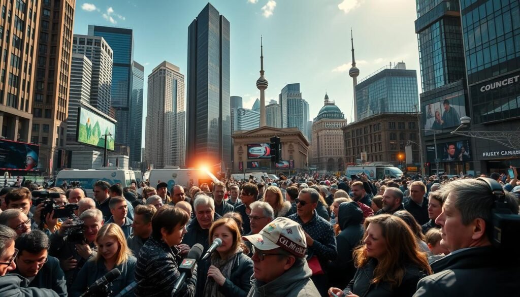 A bustling cityscape across Canada, capturing the media's spotlight and the public's diverse reactions. In the foreground, reporters and news crews swarm, microphones and cameras capturing the frenzy. The middle ground showcases crowds of people, some engaged in animated discussions, others watching intently, expressions ranging from concern to outrage. In the background, towering skyscrapers and familiar landmarks provide a sense of location, while dramatic lighting - a mix of natural sunlight and artificial illumination from news vans - creates a dynamic and captivating atmosphere. Convey the sense of a nation deeply invested in the unfolding events, with the media at the heart of the public discourse.