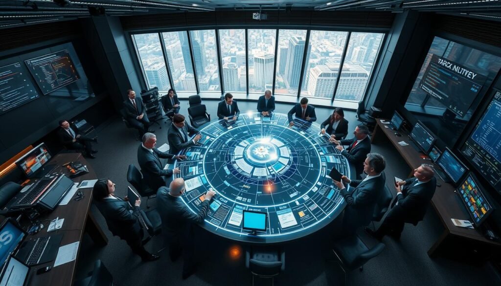 A bustling command center, with teams of professionals in business attire gathered around a large holographic display, coordinating and collaborating seamlessly. The lighting is bright and focused, creating a sense of urgency and determination. The camera angle is slightly elevated, providing a bird's-eye view of the proceedings, capturing the intricate web of communication and decision-making. The atmosphere is one of intense focus, with a palpable energy as the participants navigate complex challenges, their movements fluid and efficient. In the background, a cityscape can be seen through the windows, hinting at the larger context and scale of the operation. The overall impression is one of Rapid Multi-Agency Coordination as a driving force for success.