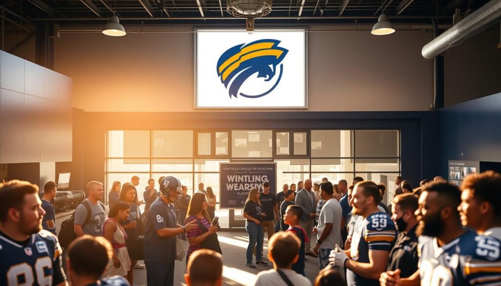 A bustling community hub, the Winnipeg Blue Bombers' headquarters is alive with energy and purpose. In the foreground, players engage with local youth, mentoring and inspiring the next generation. The middle ground showcases a mental health awareness event, where Bombers staff and fans come together to destigmatize and support crucial initiatives. In the background, the iconic Bomber logo stands tall, a symbol of the team's deep-rooted commitment to the well-being of their city. The scene is bathed in a warm, golden light, conveying a sense of hope, connection, and the power of sport to transform lives. A bustling community hub, the Winnipeg Blue Bombers' headquarters is alive with energy and purpose. In the foreground, players engage with local youth, mentoring and inspiring the next generation. The middle ground showcases a mental health awareness event, where Bombers staff and fans come together to destigmatize and support crucial initiatives. In the background, the iconic Bomber logo stands tall, a symbol of the team's deep-rooted commitment to the well-being of their city. The scene is bathed in a warm, golden light, conveying a sense of hope, connection, and the power of sport to transform lives.