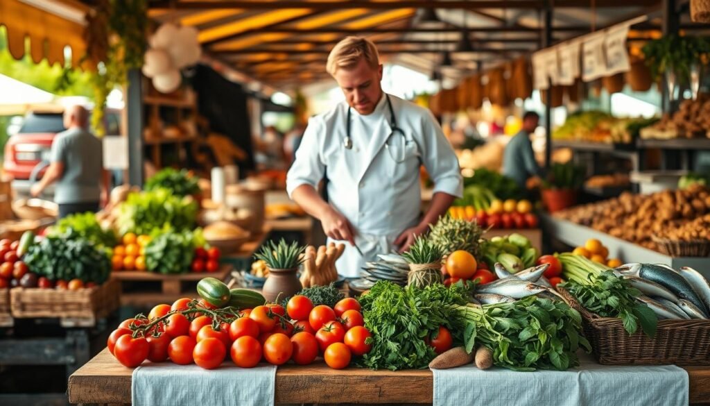 A bustling farmer's market scene on a sunny morning, with vibrant stalls showcasing a cornucopia of fresh produce, artisanal breads, and local delicacies. In the foreground, a wooden table is adorned with a crisp white tablecloth, displaying an array of seasonal ingredients - heirloom tomatoes, fragrant herbs, and glistening seafood. Behind it, a chef in a pristine white apron examines the bounty, a thoughtful expression on their face as they plan the day's menu. The scene is bathed in warm, golden light, conveying a sense of quality, authenticity, and the farm-to-table philosophy that underpins the restaurant's ethos.
