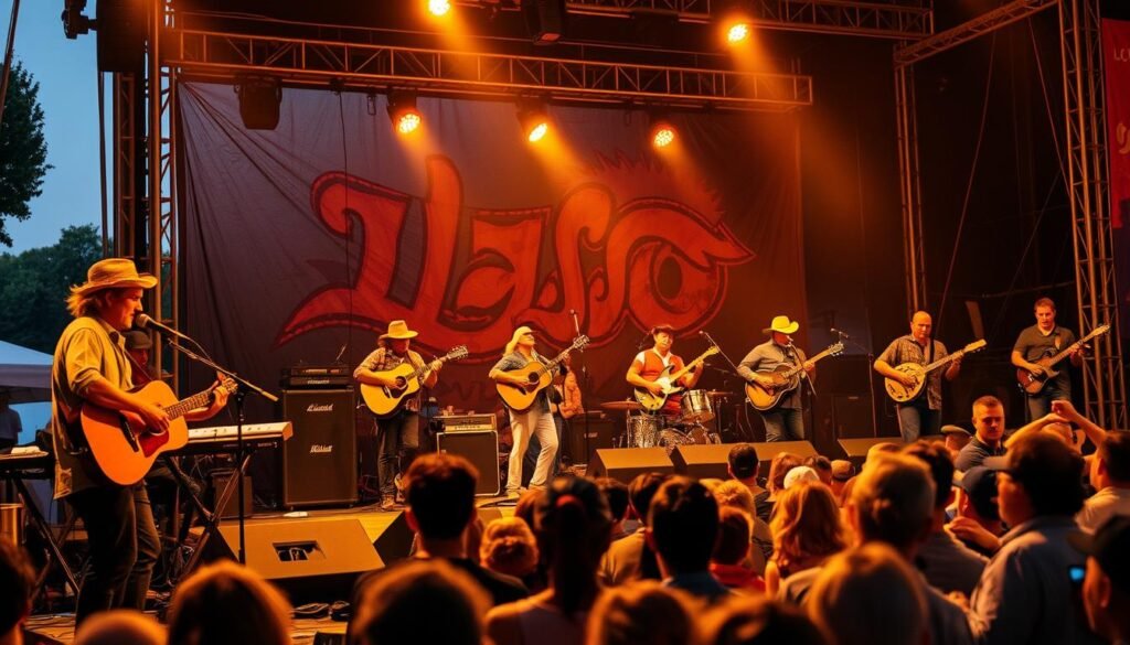 A bustling festival stage at Lasso Montreal, the spotlight shining on lesser-known acts captivating the crowd. In the foreground, a folk singer passionately strums an acoustic guitar, backed by a keyboardist and fiddle player. In the middle ground, a country rock band energizes the audience with their spirited performance, guitars and drums driving the rhythmic beat. Farther back, a bluegrass trio harmonizes sweetly, their banjos and mandolins weaving a melodic tapestry. Warm lighting bathes the scene, casting a golden glow and creating an intimate, immersive atmosphere. Diverse musical talents shine beyond the headliners, electrifying the Parc Jean-Drapeau with the spirit of Lasso Montreal.