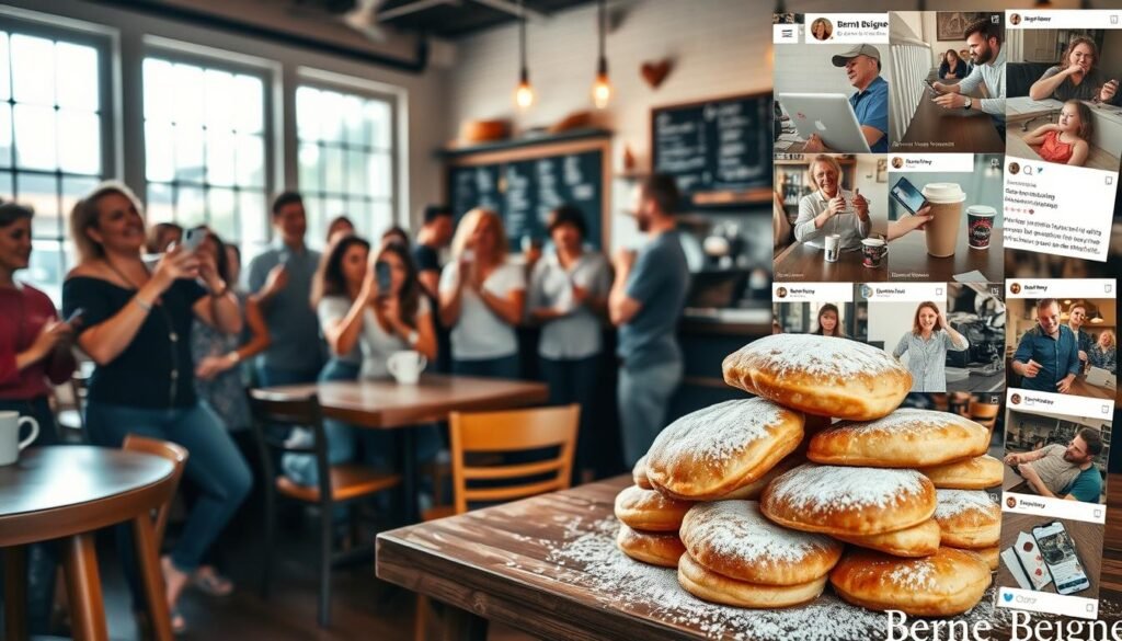 A bustling local cafe, the morning light filtering through large windows, capturing the community's energy. In the foreground, a stack of fresh, golden-brown beignets, dusted with powdered sugar, arranged artfully on a wooden table. Patrons gathered around, eagerly capturing the moment on their smartphones, smiles and laughter filling the air. The middle ground showcases the cafe's cozy atmosphere, with wooden furniture, chalkboard menus, and the friendly barista behind the counter, serving up steaming cups of coffee. In the background, a collage of vibrant social media posts showcases the cafe's popularity, the "Bernie Beigne" hashtag prominent amidst the feed.