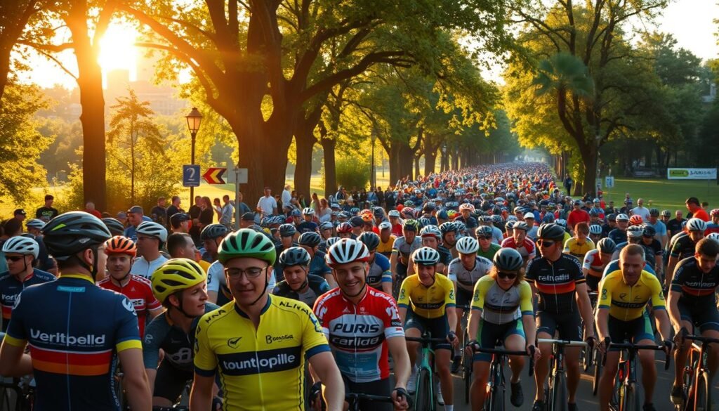 A bustling mass of cyclists gathered at the starting line of Parc Maisonneuve, the energy palpable as they prepare to embark on the Tour La Nuit. Vibrant jerseys and gleaming bikes dot the scene, framed by the lush greenery and towering trees of the park. Warm golden light filters through, casting a soft glow on the eager faces of the riders, their expressions a mix of anticipation and excitement. In the foreground, a group of cyclists huddle together, deep in conversation, while in the distance, the starting line stretches out, a winding ribbon of color against the backdrop of the city skyline. The atmosphere is electric, a moment of collective joy and shared passion for the sport, captured in this dynamic and visually compelling scene.