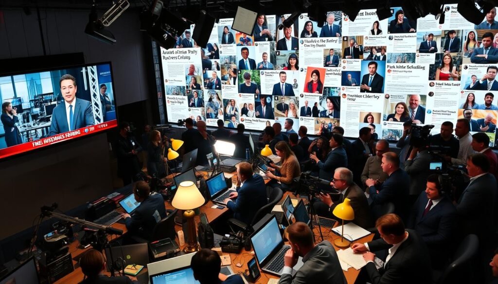 A bustling newsroom scene, with reporters and editors huddled around desks, laptops, and phones. In the foreground, a large television screen displays a news anchor reporting on the latest political developments. The mid-ground is filled with the intense focus and activity of the media professionals, capturing the energy and urgency of the moment. In the background, a collage of headlines, photographs, and social media posts reflects the diverse reactions and intra-party responses across Quebec. The lighting is a mix of warm desk lamps and the cool glow of digital screens, creating a dynamic and immersive atmosphere. The overall composition conveys the widespread attention and impact of the political announcement.