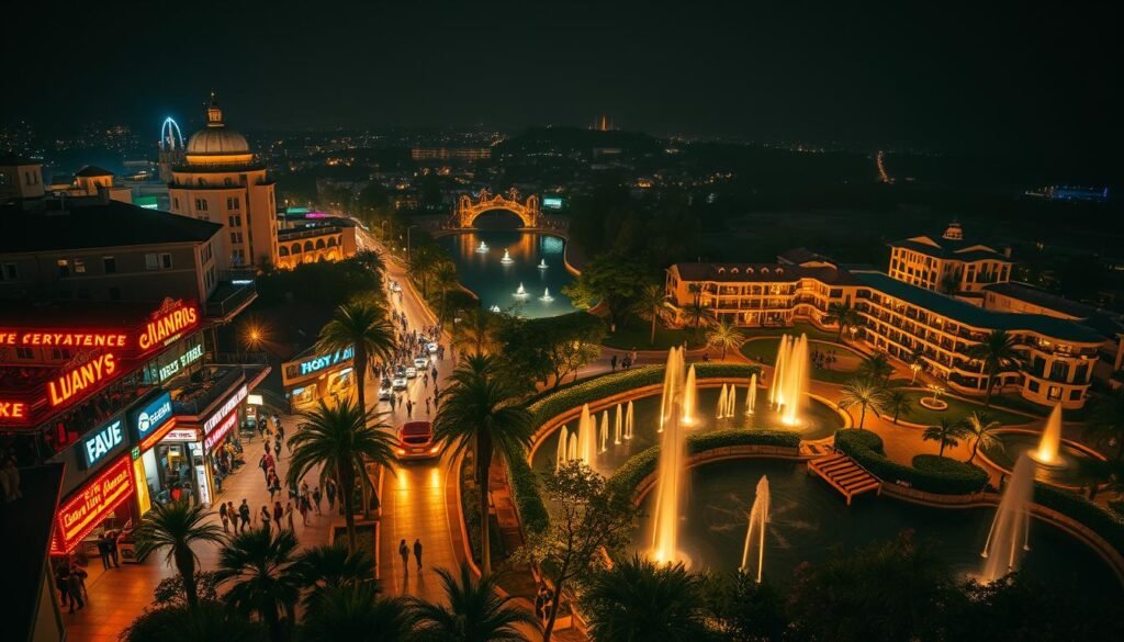 A bustling nightlife district, neon signs and revelers illuminating the streets. In the background, residential neighborhoods with lush greenery and water features - fountains, canals, and a serene lake. The juxtaposition of vibrant entertainment and tranquil living, all centered around the careful management and conservation of l'eau, the lifeblood of this thriving urban ecosystem. Warm lighting casts a golden glow, a cinematic atmosphere inviting the viewer to consider the delicate balance between commerce, community, and natural resources. A wide-angle lens captures the scene, highlighting the interconnectedness of these disparate elements.