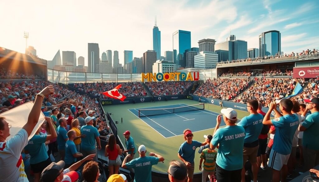 A bustling scene at the IGA Stadium in Montreal, Canada. In the foreground, passionate fans decked in the colors of the National Bank Open cheer and wave flags, their energy palpable. In the middle ground, a dedicated ball crew moves with precision, tending to the tennis balls with focused attention. In the background, the iconic downtown skyline rises, a testament to the city's pride and the excitement of this prestigious tennis event. Warm golden light filters through, casting a glow over the entire scene. Captured with a wide-angle lens, this image conveys the electric atmosphere and community spirit that infuses the IGA Stadium during this beloved tournament.