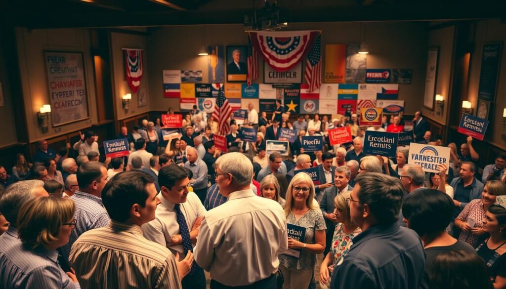 A bustling town hall setting, illuminated by warm, inviting lighting. In the foreground, a group of local politicians engaged in animated discussions, their body language conveying a sense of collaboration and determination. In the middle ground, supporters and constituents mingle, waving campaign signs and cheering on their preferred candidates. The background reveals a diverse array of banners and posters, showcasing the vibrant local political landscape. The scene exudes an atmosphere of democratic engagement, with a palpable energy of anticipation surrounding the impending election results. A bustling town hall setting, illuminated by warm, inviting lighting. In the foreground, a group of local politicians engaged in animated discussions, their body language conveying a sense of collaboration and determination. In the middle ground, supporters and constituents mingle, waving campaign signs and cheering on their preferred candidates. The background reveals a diverse array of banners and posters, showcasing the vibrant local political landscape. The scene exudes an atmosphere of democratic engagement, with a palpable energy of anticipation surrounding the impending election results.