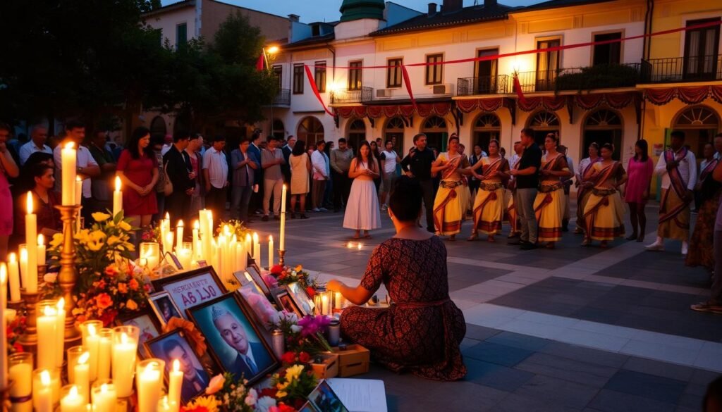 A candlelit vigil in the town square, people gathered in solemn reflection. In the foreground, a shrine adorned with flowers, photos, and mementos, a community coming together to grieve and honor those lost. In the middle ground, a traditional dance troupe performing a healing ritual, their movements graceful and evocative. The background bathed in a warm, golden light, buildings draped in colorful banners and streamers, symbolizing resilience and the enduring strength of cultural traditions. A candlelit vigil in the town square, people gathered in solemn reflection. In the foreground, a shrine adorned with flowers, photos, and mementos, a community coming together to grieve and honor those lost. In the middle ground, a traditional dance troupe performing a healing ritual, their movements graceful and evocative. The background bathed in a warm, golden light, buildings draped in colorful banners and streamers, symbolizing resilience and the enduring strength of cultural traditions.