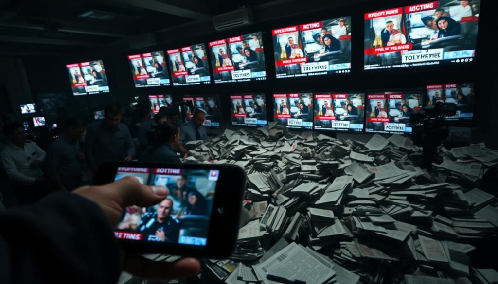 A chaotic scene of conflicting news headlines and police statements, bathed in a somber, gloomy light. In the foreground, shaky footage from a press conference plays on a handheld device, with officers speaking urgently. The middle ground is cluttered with crumpled newspapers and documents, hinting at the tangled web of information. In the background, a wall of screens displays contradictory reports, creating a sense of confusion and uncertainty. The overall atmosphere is one of unease and a search for clarity amidst the murky details.