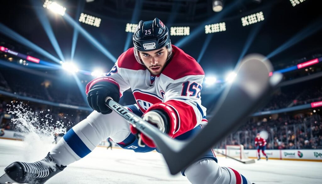 A close-up action shot of Nick Suzuki, the dynamic center of the Montreal Canadiens, executing a power-play goal with precision and skill. Suzuki's intense focus is evident as he drives the puck past the goaltender, his body contorted in a graceful, powerful motion. Beams of bright stadium lighting illuminate the ice, casting dramatic shadows and highlights across Suzuki's determined expression. The background is blurred, emphasizing the player's leadership and determination as he extends his point-scoring streak, leading his team to a hard-fought game against the Philadelphia Flyers. A close-up action shot of Nick Suzuki, the dynamic center of the Montreal Canadiens, executing a power-play goal with precision and skill. Suzuki's intense focus is evident as he drives the puck past the goaltender, his body contorted in a graceful, powerful motion. Beams of bright stadium lighting illuminate the ice, casting dramatic shadows and highlights across Suzuki's determined expression. The background is blurred, emphasizing the player's leadership and determination as he extends his point-scoring streak, leading his team to a hard-fought game against the Philadelphia Flyers.