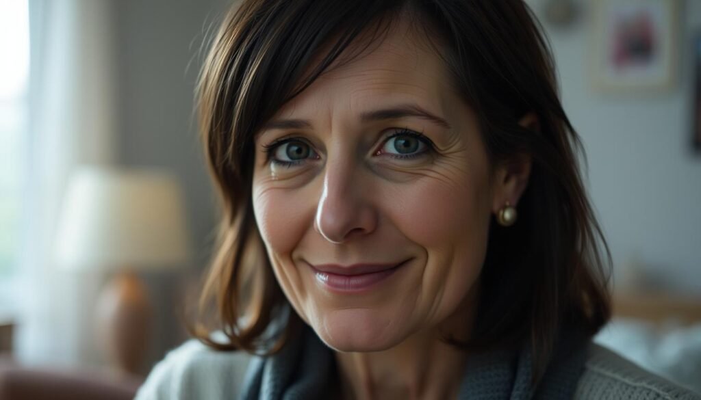 A close-up portrait of Catherine Daviau, a middle-aged woman with dark hair and a warm, thoughtful expression. The lighting is soft and diffused, creating a gentle, introspective mood. The background is blurred, with hints of a cozy, domestic setting, conveying a sense of privacy and intimacy. The image is captured with a medium-length lens, emphasizing the subject's face and upper body. The overall composition is balanced and centered, drawing the viewer's attention to Daviau's captivating gaze and subtle smile.