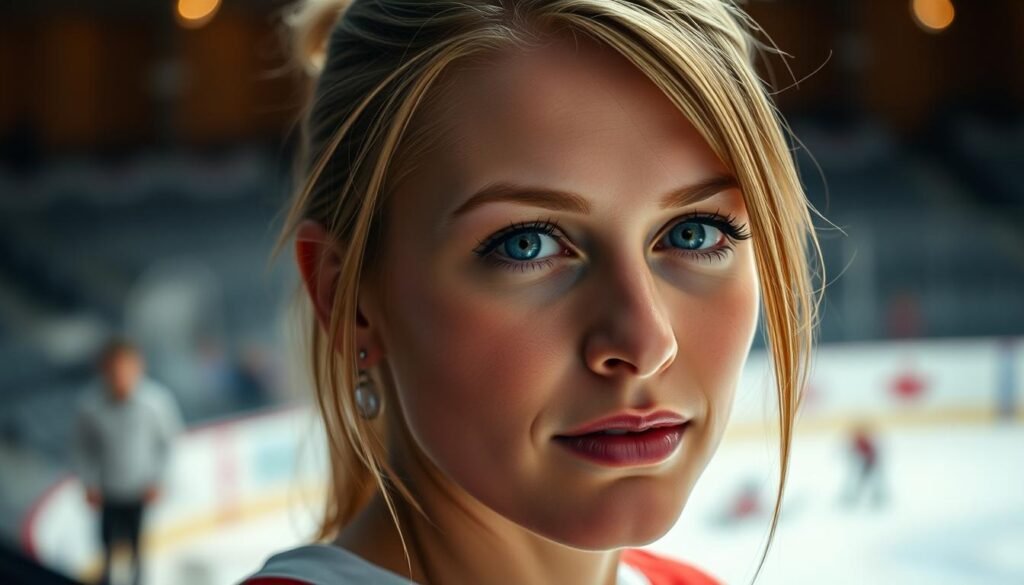 A close-up portrait of Laura Stacey, an accomplished Canadian ice hockey player, set against a warm, inviting backdrop. Stacey's expression reflects her dedication and commitment to the sport, as well as her positive impact on her local community. Soft, directional lighting illuminates her face, emphasizing her determined gaze and the natural texture of her skin. The mid-ground features a blurred, out-of-focus representation of a hockey rink or arena, hinting at her athletic prowess. In the background, there are subtle hints of community involvement, such as children playing or families gathered, symbolizing Stacey's off-ice contributions and her role as a role model. The overall mood is one of inspiration, professionalism, and a deep connection to her sport and community.