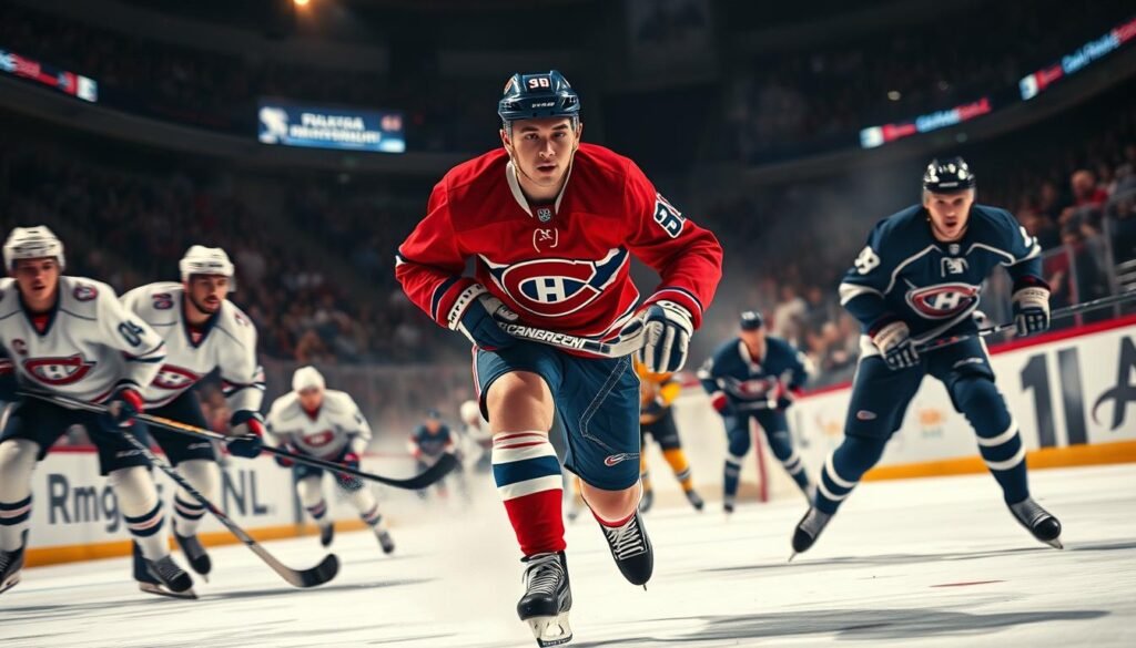 A close-up shot of Montreal Canadiens star center Nick Suzuki, skating with the puck and driving the tempo of the game. He is surrounded by a blur of motion, with his teammates and opposing players creating a dynamic, high-energy scene. Warm, dynamic lighting illuminates Suzuki's focused expression and the intensity of the moment, as he maintains control of the puck and surges forward, his streak now at 11 games. The crowd in the background is a hazy, energetic backdrop, adding to the sense of importance and excitement. The image captures the critical role Suzuki plays in leading his team, his skills and determination shining through in this pivotal moment. A close-up shot of Montreal Canadiens star center Nick Suzuki, skating with the puck and driving the tempo of the game. He is surrounded by a blur of motion, with his teammates and opposing players creating a dynamic, high-energy scene. Warm, dynamic lighting illuminates Suzuki's focused expression and the intensity of the moment, as he maintains control of the puck and surges forward, his streak now at 11 games. The crowd in the background is a hazy, energetic backdrop, adding to the sense of importance and excitement. The image captures the critical role Suzuki plays in leading his team, his skills and determination shining through in this pivotal moment.