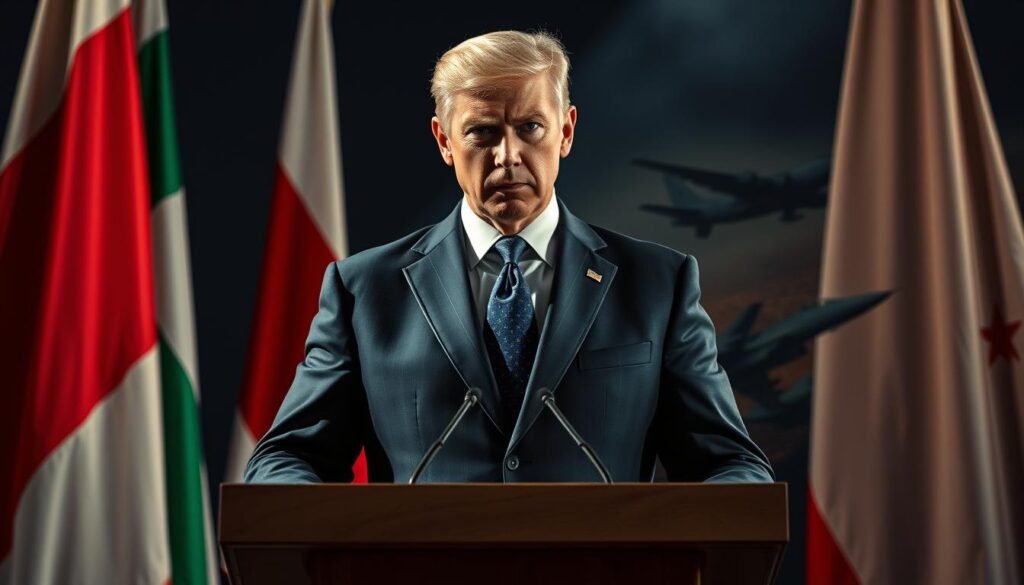 A commanding figure in a bold, tailored suit stands at a podium, radiating determination. Piercing eyes and a steely expression convey an unwavering resolve. Surrounding them, the backdrop shifts between imposing international flags and a backdrop of strategic military maneuvers, evoking a sense of global power and retaliatory strength. Dramatic lighting casts dramatic shadows, heightening the sense of authority and uncompromising strategy. The scene exudes an aura of hard-line diplomacy and an unyielding commitment to an international front against adversaries.