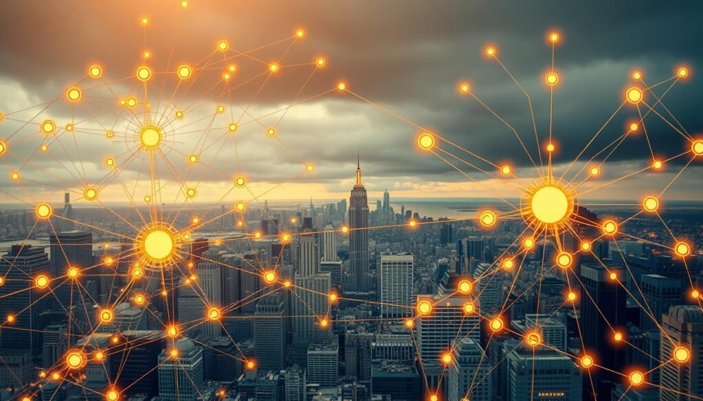 A complex network of interlocking corporate structures and strategic partnerships, illuminated by a warm, golden light. In the foreground, intricate diagrams and flow charts depict the intricate web of connections and dependencies that form the backbone of a thriving business. The middle ground features a panoramic view of a bustling city skyline, symbolic of the broader economic landscape in which these enterprises operate. In the background, a moody, atmospheric sky sets the tone, hinting at the challenges and uncertainties of the current crisis. The overall scene conveys the critical importance of well-designed organizational frameworks and collaborative alliances in weathering turbulent times.