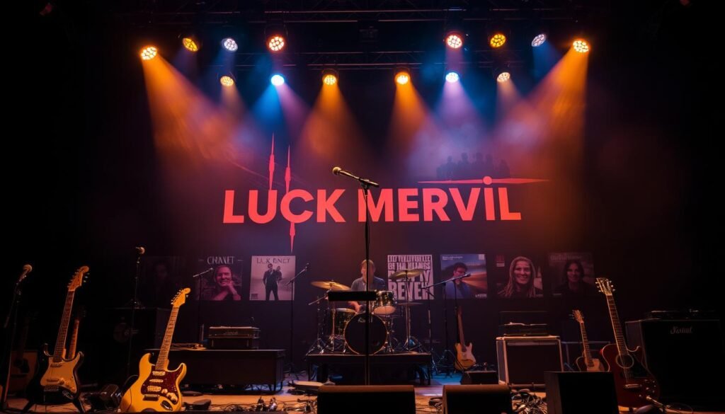 A concert stage set against a moody, atmospheric backdrop. At the center, the artist Luck Mervil's name and album covers are prominently displayed, showcasing his musical discography. The stage is bathed in warm, golden lighting, creating a sense of performance and artistry. In the foreground, various musical instruments such as guitars, drums, and microphones are arranged, hinting at the sonic elements of Mervil's work. The overall composition captures the essence of Mervil's musical legacy, inviting the viewer to explore his albums and songs.