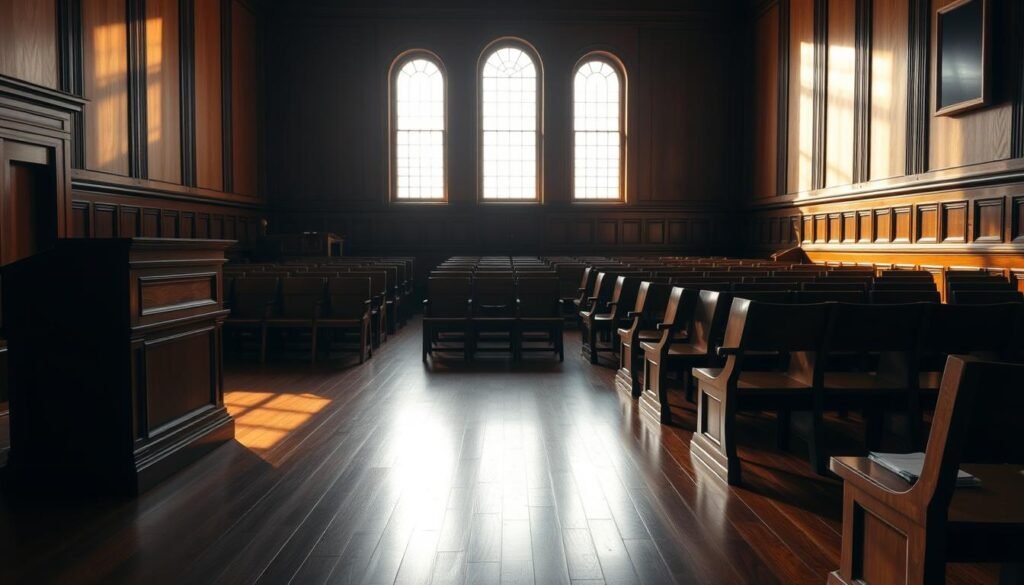 A courtroom interior, bathed in warm, subdued lighting. The witness stand and judge's bench stand prominently in the foreground, casting long shadows across the polished wooden floors. In the middle ground, rows of oak benches face the front, empty save for a few scattered legal documents and pens. The high, arched windows in the background allow soft natural light to filter in, casting a pensive, contemplative mood over the scene. A sense of anticipation hangs in the air, as if the room is poised and ready for the upcoming trial to begin.