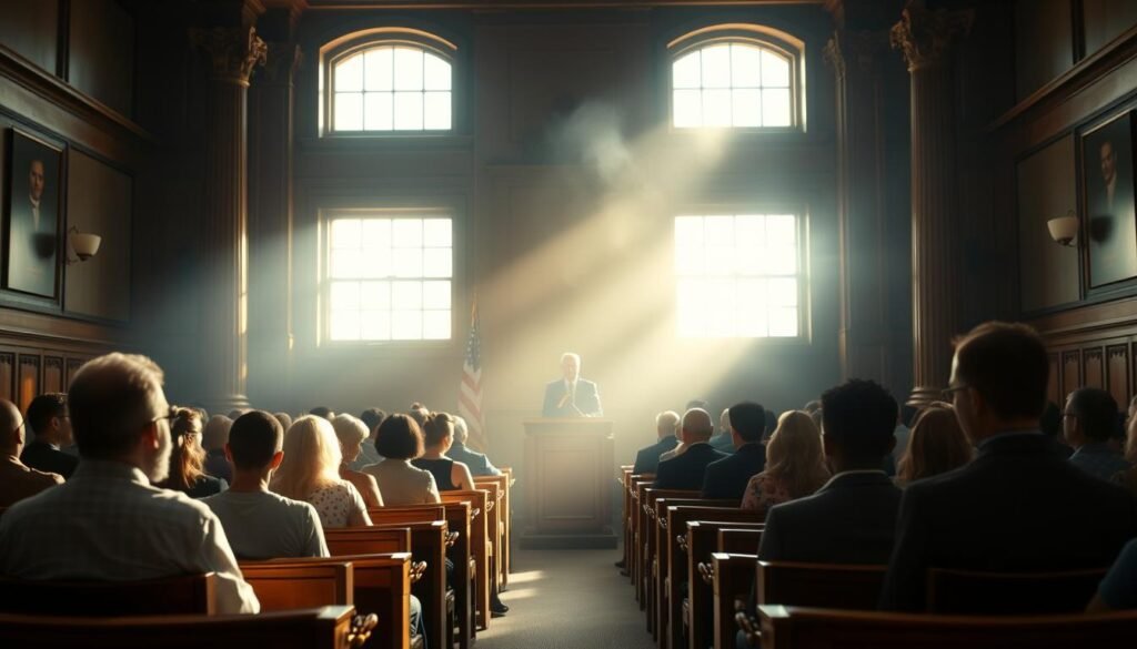 A courtroom interior with wooden benches and ornate columns, illuminated by soft, natural lighting from large windows. In the foreground, a diverse group of people sit or stand, their expressions and body language conveying a range of emotions - somber, pensive, or impassioned. In the middle ground, a podium stands, suggesting the presence of a judge or speaker. The background fades into a hazy, atmospheric blur, evoking the weight and gravity of the proceedings. The overall scene exudes a sense of solemn contemplation, capturing the "Voices from the Courtroom and Community" within this somber yet meaningful setting. A courtroom interior with wooden benches and ornate columns, illuminated by soft, natural lighting from large windows. In the foreground, a diverse group of people sit or stand, their expressions and body language conveying a range of emotions - somber, pensive, or impassioned. In the middle ground, a podium stands, suggesting the presence of a judge or speaker. The background fades into a hazy, atmospheric blur, evoking the weight and gravity of the proceedings. The overall scene exudes a sense of solemn contemplation, capturing the "Voices from the Courtroom and Community" within this somber yet meaningful setting.