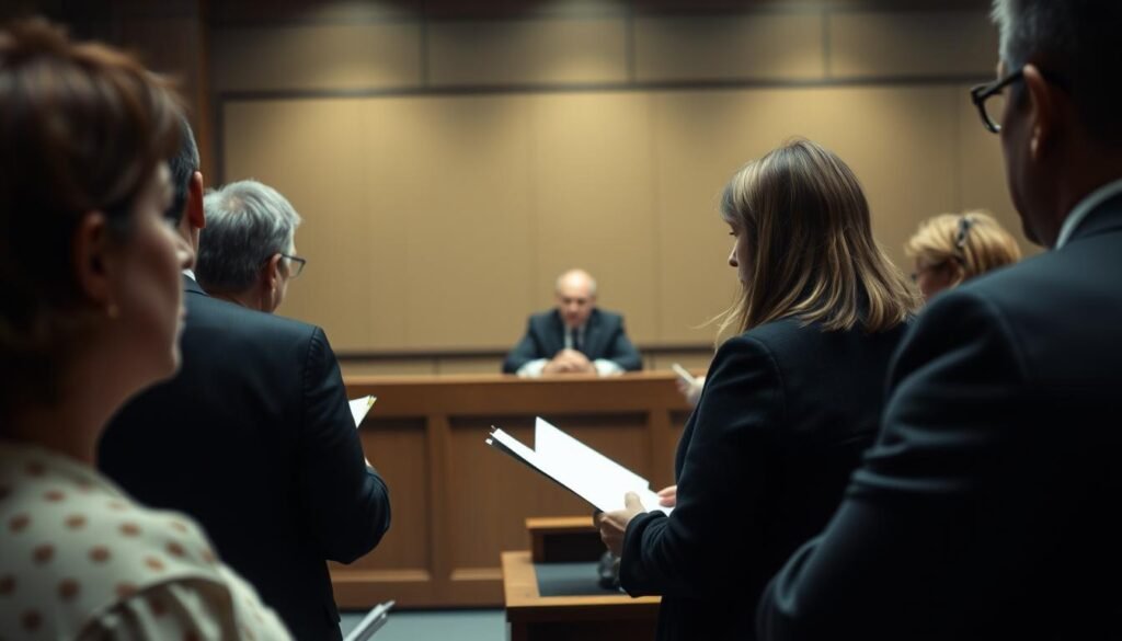 A courtroom scene, somber and solemn. In the foreground, family members stand, faces etched with grief, sharing their impact statements. Dim lighting casts shadows, emphasizing the weight of their words. In the middle ground, the judge sits, hands folded, expression grave, as they listen intently. The background fades into a hazy, muted palette, the focus drawn to the emotional testimony unfolding. Angles capture the gravity of the moment, a sense of reverence and sorrow permeating the scene. Emotion and vulnerability radiate from the image, a testament to the power of family voices in the judicial process.