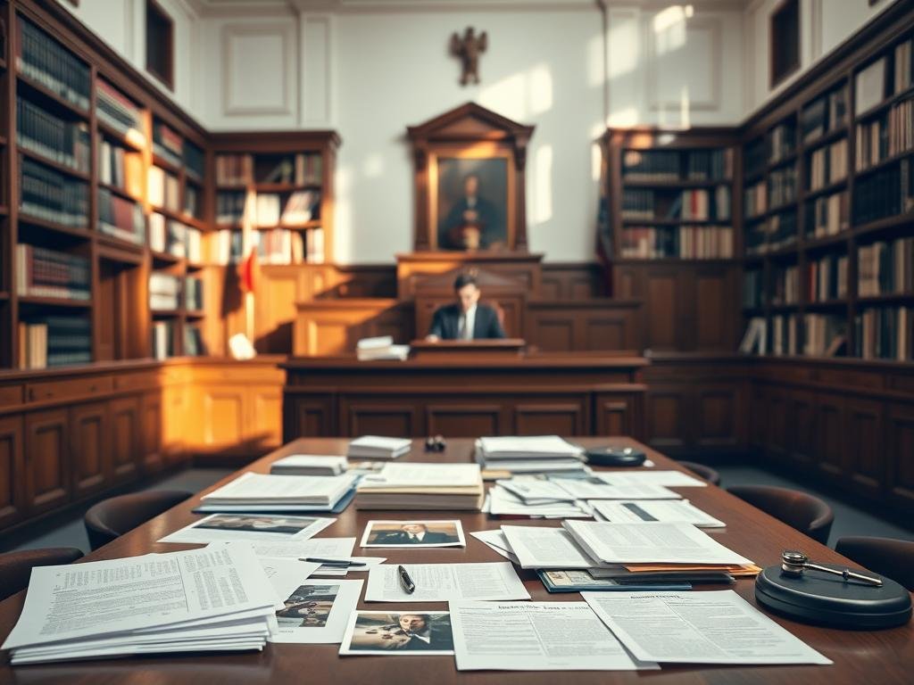 A courtroom scene with a table in the foreground displaying various pieces of evidence - documents, photographs, and other physical objects. Behind the table, the judge's bench is visible, with the judge presiding over the proceedings. The lighting is natural, casting soft shadows throughout the room. The walls are lined with bookshelves, conveying the serious and professional atmosphere of the legal setting. The mood is one of contemplation and diligence, as the key evidence points are carefully examined and considered by the court. A courtroom scene with a table in the foreground displaying various pieces of evidence - documents, photographs, and other physical objects. Behind the table, the judge's bench is visible, with the judge presiding over the proceedings. The lighting is natural, casting soft shadows throughout the room. The walls are lined with bookshelves, conveying the serious and professional atmosphere of the legal setting. The mood is one of contemplation and diligence, as the key evidence points are carefully examined and considered by the court.