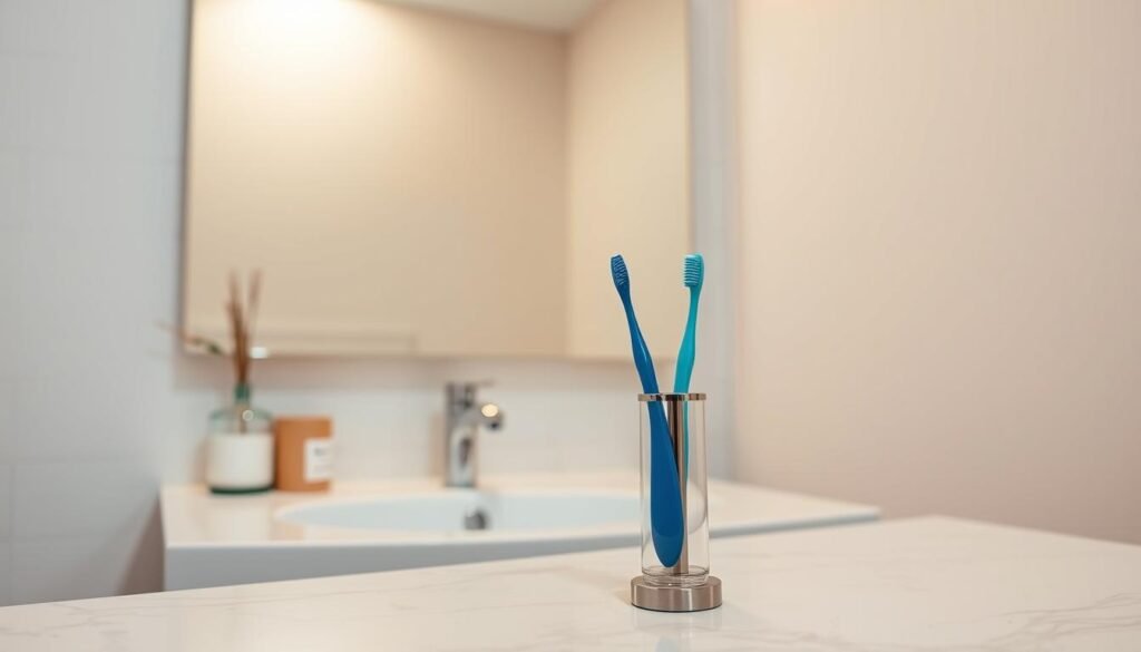 A cozy bathroom scene with a modern, minimalist aesthetic. In the foreground, a sleek toothbrush holder stands on a marble vanity, holding a vibrant blue toothbrush. The middle ground features a large mirror reflecting the bathroom's soft, warm lighting, creating a serene ambiance. In the background, a simple, tiled wall provides a clean, uncluttered backdrop. The overall mood is one of simplicity, cleanliness, and a gentle reminder to remember one's daily dental hygiene routine. A cozy bathroom scene with a modern, minimalist aesthetic. In the foreground, a sleek toothbrush holder stands on a marble vanity, holding a vibrant blue toothbrush. The middle ground features a large mirror reflecting the bathroom's soft, warm lighting, creating a serene ambiance. In the background, a simple, tiled wall provides a clean, uncluttered backdrop. The overall mood is one of simplicity, cleanliness, and a gentle reminder to remember one's daily dental hygiene routine.