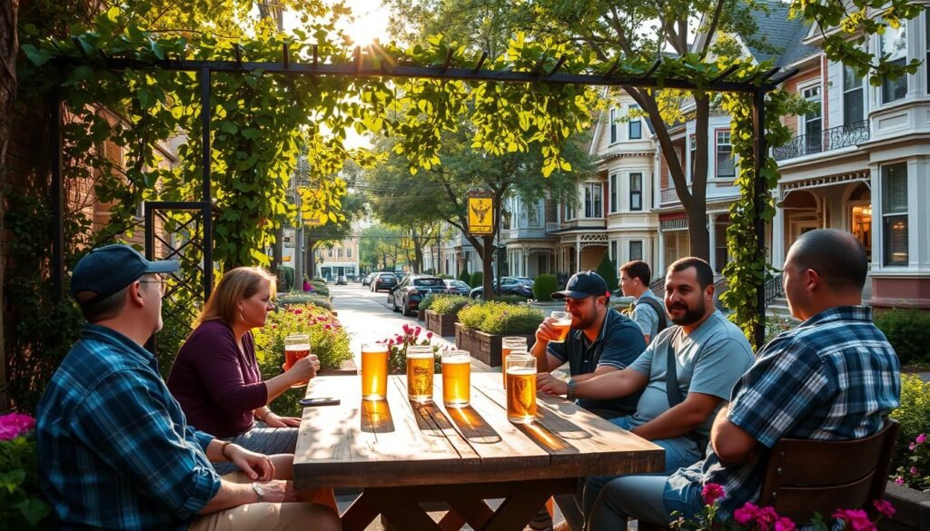 A cozy neighbourhood patio on a sun-dappled afternoon, surrounded by lush greenery and vibrant flower beds. At the forefront, a group of friends gathered around a weathered wooden table, sipping local craft brews and enjoying each other's company. In the middle ground, a wrought-iron trellis adorned with cascading vines frames the scene, while in the background, the facades of quaint Victorian-style houses line the street, their windows shimmering with golden light. The atmosphere is warm and convivial, with a sense of community and relaxation permeating the air. Soft, natural lighting filters through the canopy of trees, casting a gentle glow over the entire tableau. A cozy neighbourhood patio on a sun-dappled afternoon, surrounded by lush greenery and vibrant flower beds. At the forefront, a group of friends gathered around a weathered wooden table, sipping local craft brews and enjoying each other's company. In the middle ground, a wrought-iron trellis adorned with cascading vines frames the scene, while in the background, the facades of quaint Victorian-style houses line the street, their windows shimmering with golden light. The atmosphere is warm and convivial, with a sense of community and relaxation permeating the air. Soft, natural lighting filters through the canopy of trees, casting a gentle glow over the entire tableau.