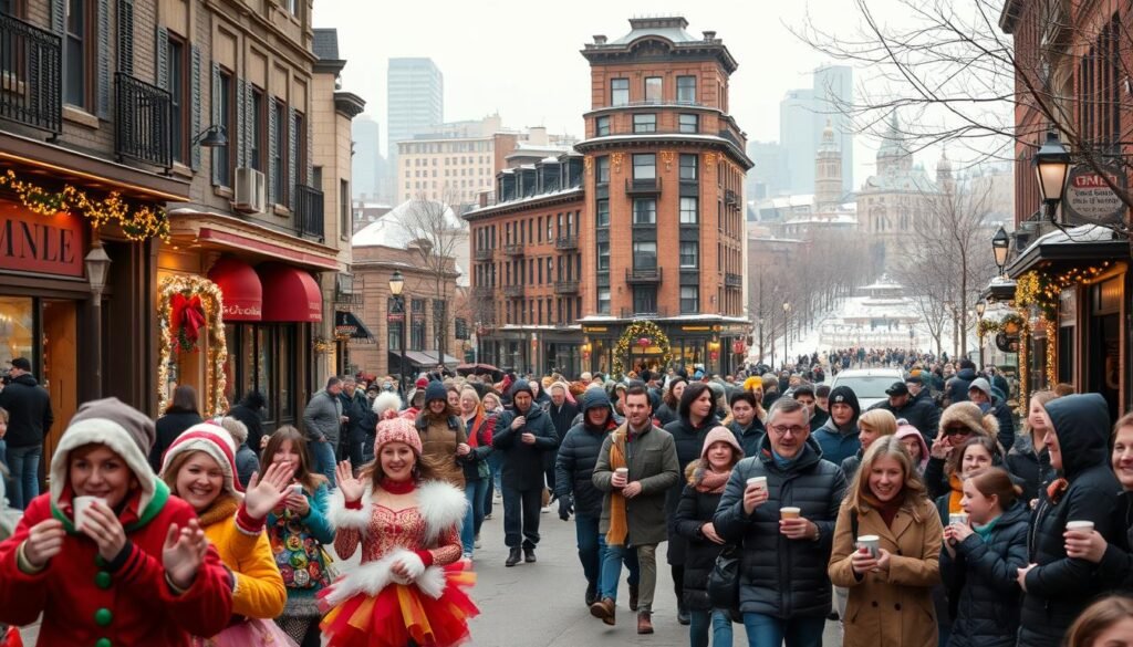 A cozy street in downtown Montreal, bustling with locals enjoying the festive atmosphere. In the foreground, a vibrant parade with colorful costumes, lively music, and enthusiastic participants waving to the crowd. Families and friends gather on the sidewalks, sipping hot chocolate and sharing warm smiles. The middle ground showcases unique local shops and eateries, their facades adorned with twinkling lights and seasonal decorations. In the background, historic buildings and a snow-dusted park create a picturesque winter landscape, with a hint of the iconic Montreal skyline peeking through. Soft, warm lighting and a slightly cinematic depth of field capture the inviting, community-driven spirit of the scene.