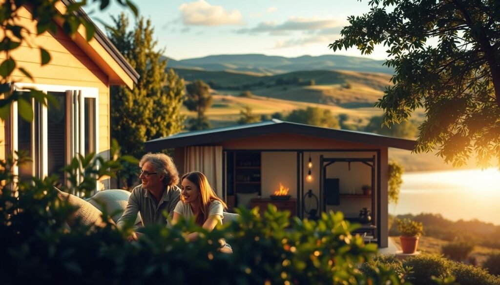 A cozy yet secure home nestled amidst lush greenery, conveying a sense of resilience and well-being. In the foreground, a family enjoying quality time together, radiating an aura of health and contentment. The middle ground features a well-equipped home gym, symbolizing inner strength and self-care. In the background, a picturesque landscape with rolling hills, a clear sky, and a distant horizon, evoking a feeling of tranquility and expansive possibilities. Warm, diffused lighting filters through the windows, creating a comforting and inviting atmosphere. The overall composition communicates the harmony between physical, mental, and environmental aspects of a resilient home.