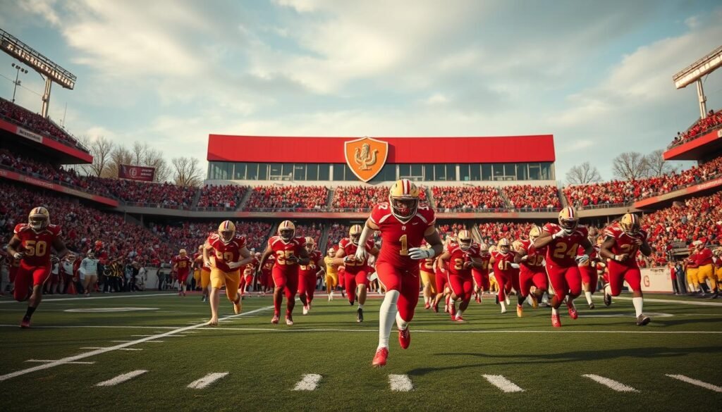 A crisp autumn afternoon, the stadium is alive with the energy of the Rouge et Or football team. In the foreground, players clad in their iconic crimson and gold uniforms charge across the field, their determined expressions and powerful strides capturing the essence of the game. The middle ground showcases the iconic logo and team colors, boldly displayed on the stadium's facade, signifying the team's long-standing legacy and unwavering identity. In the background, the stands are filled with passionate fans, their cheers and enthusiasm echoing through the venue, creating an immersive atmosphere of tradition and triumph. Dramatic lighting casts shadows that accentuate the dynamic movement on the field, while a cinematic lens captures the grandeur and significance of this beloved football institution.
