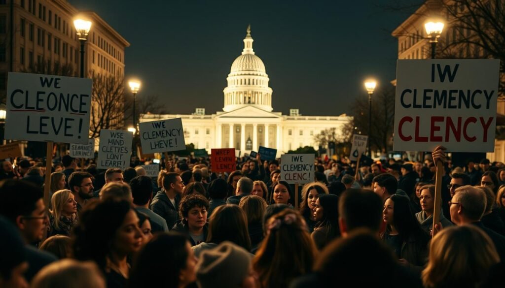 A crowd of people gathered in a public square, holding signs and banners advocating for clemency. The foreground features a diverse group of protesters, their faces determined, as they stand united in their cause. The middle ground showcases a backdrop of government buildings, symbolic of the legal system they hope to influence. Soft, warm lighting illuminates the scene, lending an air of hope and solidarity to the moment. The composition captures the energy and passion of the public response, while the muted tones convey a sense of gravity and the weight of the issue at hand.