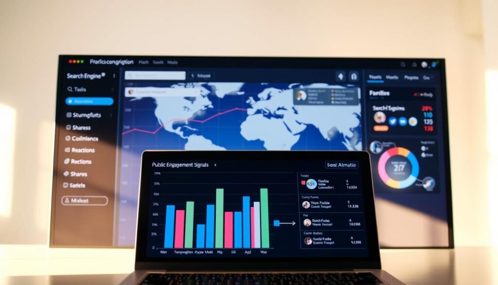 A data visualization dashboard displaying search engine performance and social media analytics. In the foreground, an interactive line graph plots search visibility trends over time. In the middle ground, a bar chart showcases public engagement signals like shares, comments, and reactions on social platforms. The background features a stylized world map, highlighting the global reach of these digital signals. The scene is lit by a soft, natural light, creating a clean and professional aesthetic. The overall composition conveys the importance of online presence and audience engagement for a political leader.
