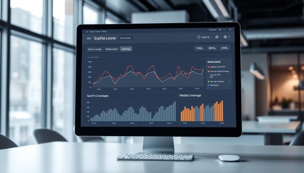 A data visualization dashboard featuring line graphs and bar charts that track the search trends and media coverage variations of the name "Sophia Leone" over time. The dashboard is displayed on a sleek, minimalist desktop computer setup, surrounded by a clean and modern office environment with large windows, subtle lighting, and a subtle depth of field effect. The data visualizations showcase the peaks and valleys in search interest and media mentions, providing a clear and insightful perspective on the public attention surrounding the subject.
