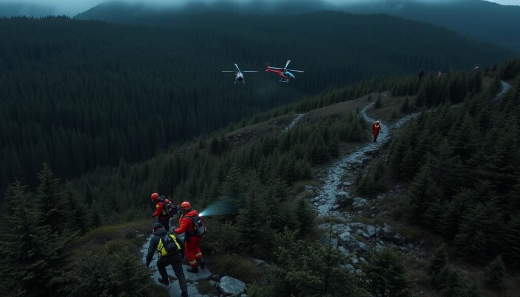 A dense, rugged landscape in Pictou County, Nova Scotia. Thick evergreen forests cover rolling hills, with rocky outcroppings and winding trails. A team of search and rescue personnel, dressed in tactical gear, navigate the challenging terrain, their flashlights cutting through the dim, overcast light. Helicopters hover overhead, scanning the area with thermal cameras. The atmosphere is tense, with a sense of urgency as the rescue operation unfolds amidst the remote, demanding environment.
