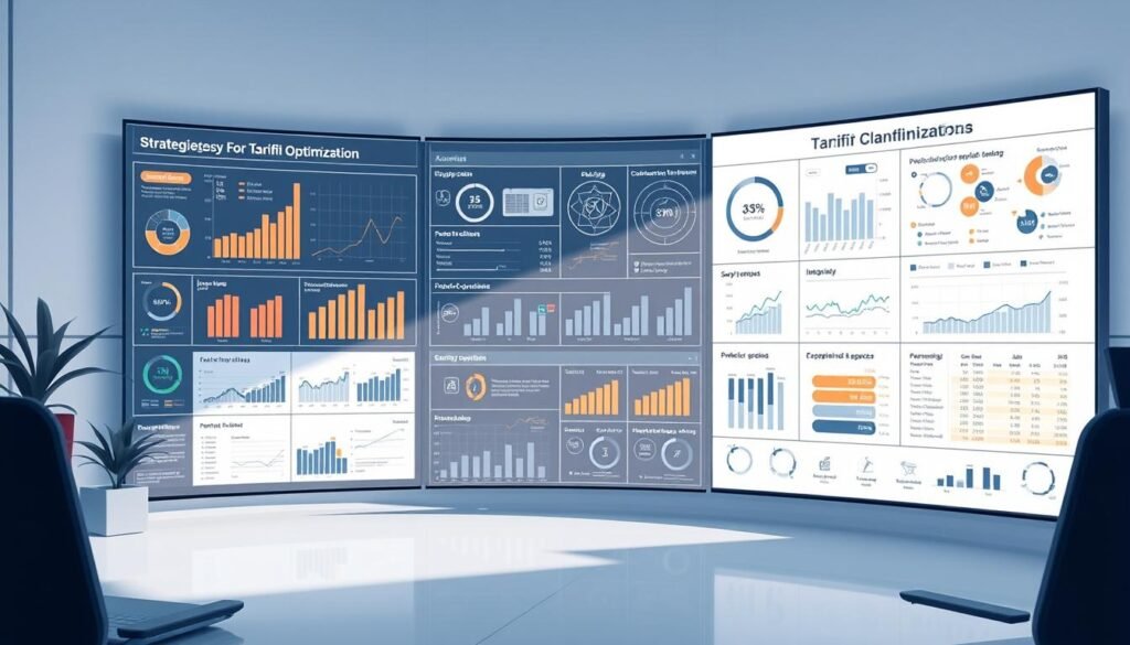 A detailed and technical illustration showcasing strategies for tariff optimization, including supply chain considerations and preference calculations. The scene depicts a clean, minimalist workspace with a large touchscreen display. Various data visualizations, charts, and interactive elements fill the screen, presenting complex financial and logistical information. The lighting is soft and diffused, creating a professional and analytical atmosphere. The camera angle is slightly elevated, providing an overview of the workspace and the detailed information displayed. The overall tone is one of analytical precision and strategic decision-making.