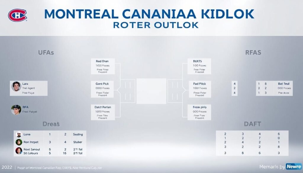 A detailed infographic depicting the Montreal Canadiens' roster outlook, showcasing their unrestricted free agents (UFAs), restricted free agents (RFAs), and the 2024 draft capital. The image is rendered in a clean, minimalist style with a neutral color palette, highlighting the key information in a visually organized manner. The layout features a central grid-like structure, with separate sections for UFAs, RFAs, and draft picks, each with relevant player names, contract details, and draft positions. The background is a subtle gradient, providing a professional, report-like feel. Lighting is soft and evenly distributed, creating a sense of clarity and focus on the informative content.