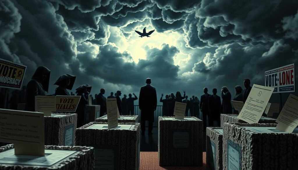 A detailed, multiplanar scene depicting the complex implications of political campaigns and voting on the future of democracy. In the foreground, a tactile, textured rendering of ballot boxes, vote tallies, and campaign posters, conveying the tangible, visceral nature of the democratic process. In the middle ground, shadowy figures representing political figures and factions, their motivations and machinations obscured, casting doubt on the integrity of the system. In the distant background, an ominous, stormy sky filled with swirling clouds, suggesting the looming uncertainty and potential unrest surrounding the electoral landscape. The overall mood is one of unease, with a sense of the fragility and vulnerability of democratic institutions. Dramatic chiaroscuro lighting accentuates the contrasts between light and dark, hope and cynicism.