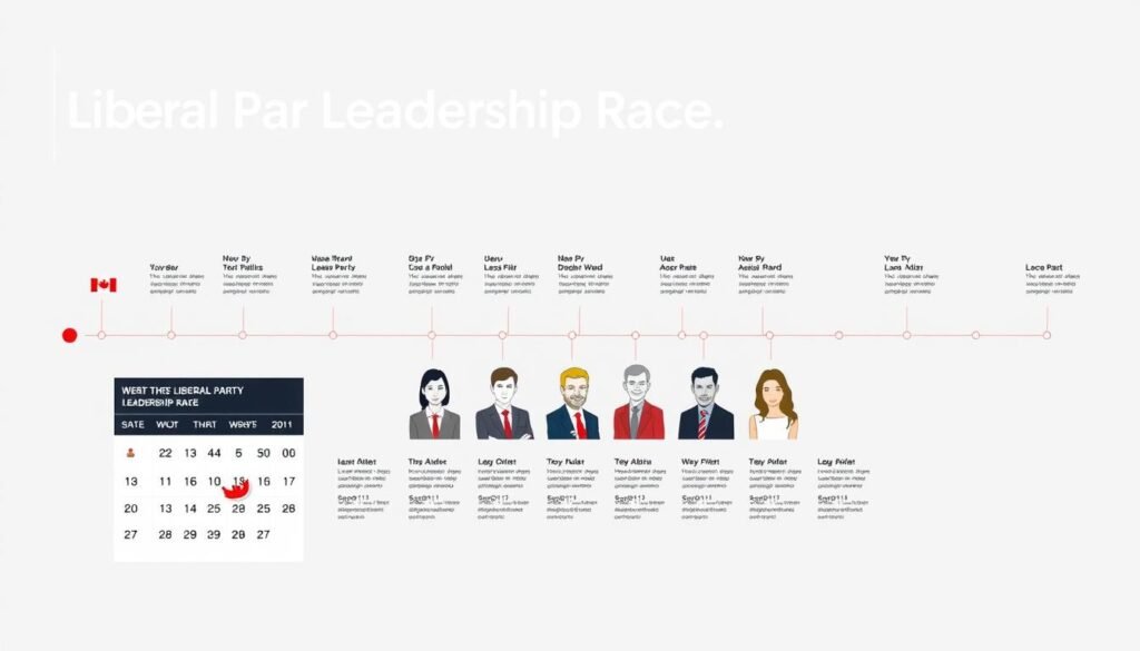 A detailed timeline depicting the Canadian Liberal Party leadership race, set against a clean, modern background. In the foreground, a stylized calendar highlights key dates and milestones, with icons and infographic elements illustrating the voting process and logistics. The middle ground features sleek, minimalist illustrations of the party leadership candidates, arranged in a balanced, visually striking composition. The background is a neutral, subtly textured palette that allows the central information to take center stage, creating an authoritative, data-driven visual narrative.