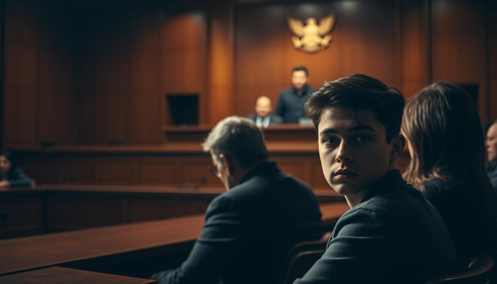 A dimly lit courtroom, its wooden paneling casting shadows across the solemn faces of the defense team. In the foreground, a young defendant sits, their expression a mix of vulnerability and determination. The legal arguments unfold, weaving tales of youth, trauma, and mental illness, their complexities illuminated by the soft, dramatic lighting. In the background, the imposing presence of the judge's bench looms, a reminder of the gravity of the proceedings. The composition evokes a sense of tension and human drama, capturing the essence of the legal arguments being raised.
