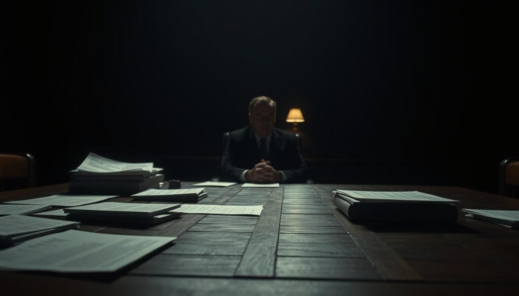 A dimly lit courtroom, the air thick with anticipation. In the foreground, a wooden table is strewn with documents and evidence, casting subtle shadows across the scene. The middle ground features a stern-faced prosecutor, hands clasped, meticulously laying out a case. In the background, the judge's imposing presence looms, illuminated by the soft glow of a solitary desk lamp, creating a somber, contemplative atmosphere. Muted colors and dramatic chiaroscuro lighting evoke a sense of gravity and high-stakes, as the "Crown's Case: Alleged Planning and Motive" unfolds.