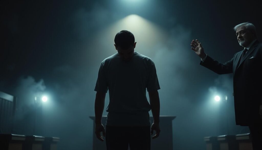 A dimly lit courtroom, the defendant standing in the center, head bowed, shoulders hunched, eyes downcast. In the background, a hazy fog obscures the proceedings, as if the truth is clouded and elusive. The prosecution's accusatory gaze pierces through the gloom, while the defense counsel raises a hand, denying the charges with a resolute expression. The scene conveys a sense of uncertainty and mistaken identity, a desperate attempt to shield the defendant from the weight of the past.