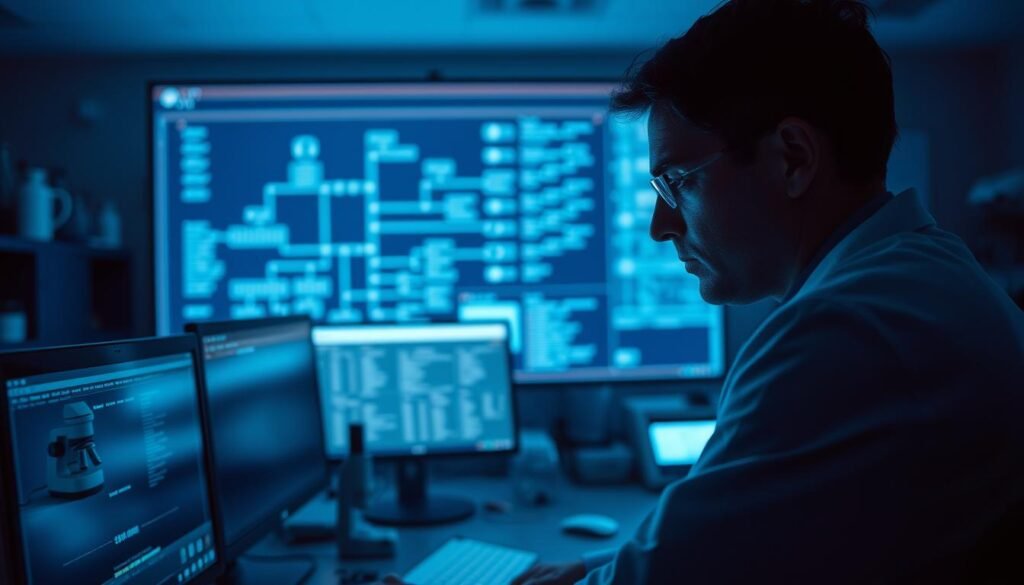 A dimly lit crime lab, cast in a cool, bluish hue. In the foreground, a scientist peers intently at a computer screen, analyzing genetic data. Behind them, an array of scientific equipment - microscopes, lab instruments, and charts depicting DNA sequences. In the background, a large touchscreen display shows a family tree, tracing the connections that crack the case. Subtle shadows and highlights create a sense of depth and drama, as the room is bathed in the glow of digital displays. The mood is one of intense focus and discovery, as the investigative team unravels the mystery through the power of genetic genealogy.