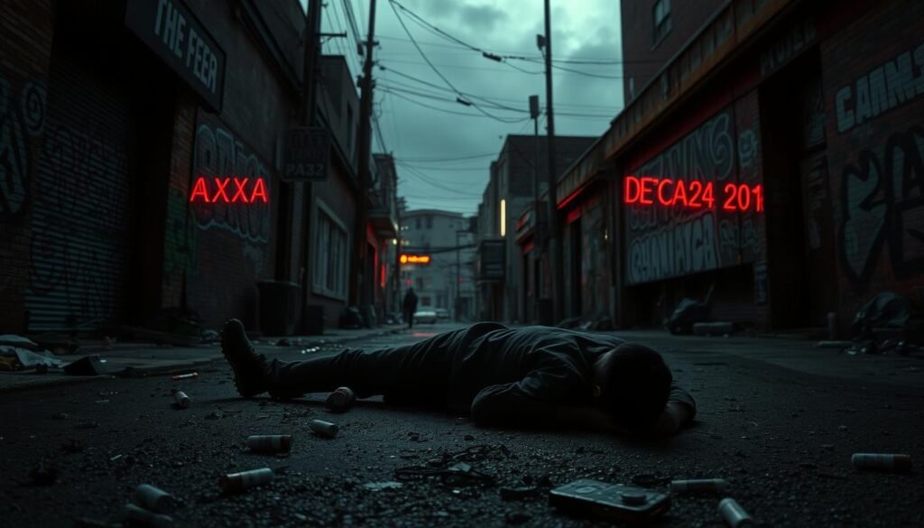 A dimly lit, gritty urban setting in December 2023. In the foreground, a shadowy figure lies motionless on the ground, surrounded by scattered drug paraphernalia. The middle ground features a rundown, neon-lit alleyway, with graffiti-covered walls and a sense of hopelessness. In the background, a dull, overcast sky casts a somber mood over the scene. The lighting is harsh, creating deep shadows and a sense of despair. The composition is angled to evoke a sense of unease, with the viewer drawn to the central figure, the tragic consequence of the events described in the article.